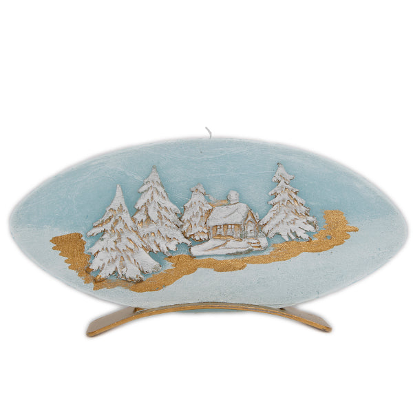 Kerze Deko Disk oval klein mit Ständer blau Snow 04150 Relief