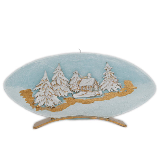 Kerze Deko Disk oval klein mit Ständer blau Snow 04150 Relief